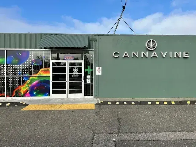 Cannavine dispensary exterior with green wall and colorful window art